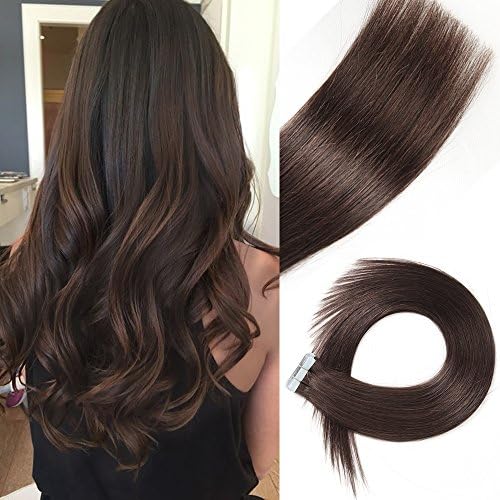 Tape in Hair Extensions Human Hair Dark Brown 18 inch #2 Dark Brown 40g Glue in Tape on Extensions Silky Straight Skin Weft 20 Pcs/Package