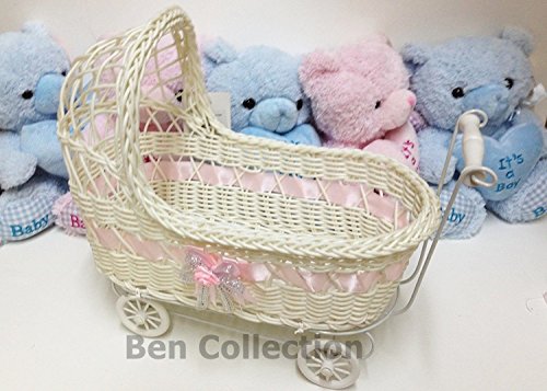 Ben Collection Wicker Baby Girl 11 Inch Carriage - Baby Shower Centerpiece Stroller Party Favors (Pink) - Thumbnail 3