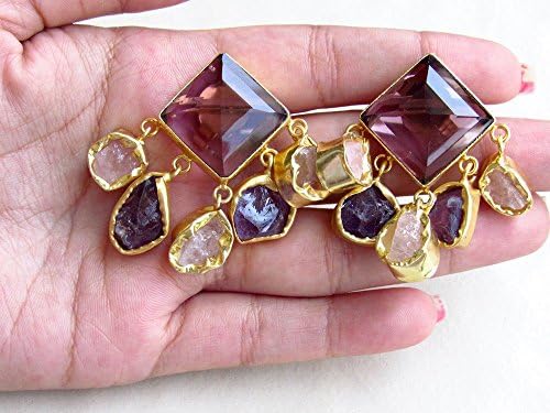 Purple Stud Earrings with Raw Gemstones and Crystal - Amethyst and Rose Quartz Charm Earrings, Cocktail Studs for Women