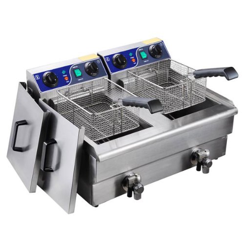 Click Here to See More Images Heavy Duty 20L Dual Tank Stainless Steel Electric Deep Fryer w/ Drain Timer Baskets for French Fry Chicken Wing Drumstick Commercial Kitchen Restaurant Catering