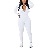 Sriswel Womens Sexy Ribbed Bodycon Jumpsuit Long Sleeve Zipper Mock Neck Skinny Pants One Piece Romper Outfit Clubwear