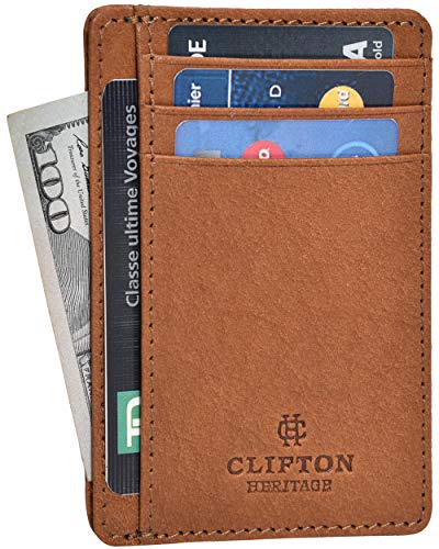 RFID Front Pocket Slim Wallets- Genuine Leather Handmade Minimalist Credit Card Holder By Clifton Heritage (Small, Cognac Vintage Wax)