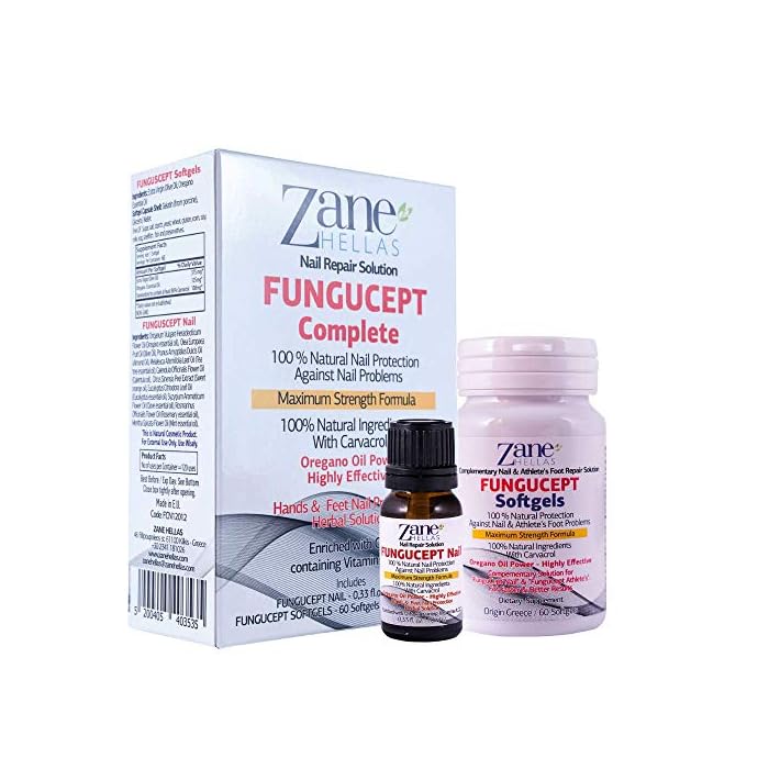 Zane Hellas FunguCept Complete. Fungal Nail Solution. Fungus Nail Solution for Discolored, Thickened, Crumbled and Fungi Nails. Visible Results in 4 Weeks.0.33 oz -10ml and 60 Softgels