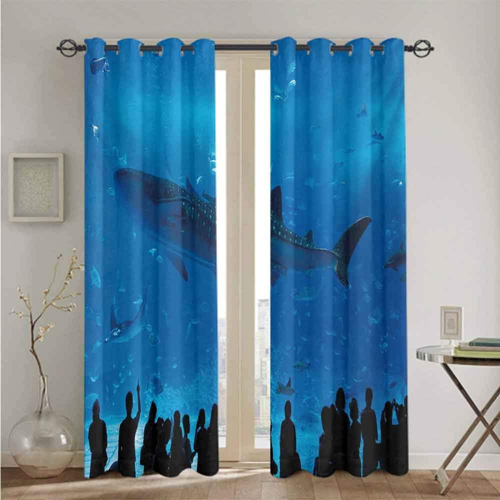 nooweihome Shark Curtains and rods Set Japanese Aquarium Park with People Silhouettes Watching Underwater Life Hobby Image Suitable forroom Divider W96 x L84 Blue Black