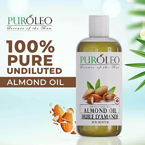 PUROLEO SWEET ALMOND OIL 16 FL OZ/473 ML (PACKED IN CANADA) PURE ALMOND OIL FOR SKIN, HAIR, & BODY | ORGANIC CARRIER OIL & BODY OILS FOR WOMEN | ALMOND BUTTER HAIR OIL, BODY OIL, BABY OIL
