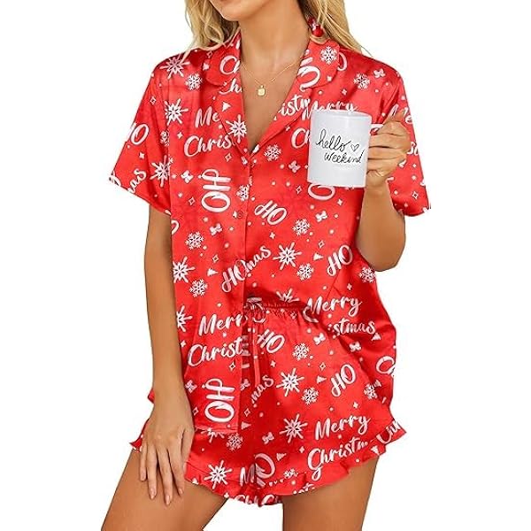 KCW Women's Silk Pajama Set – Short Sleeve Button-Down Top & Shorts, Satin, Rose Red, With Pockets