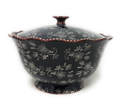 Temp-tations 3 qt Serving Bowl with Lid, Stoneware, Scallop & Flange Edge …(Floral Lace Black) - Thumbnail 6