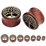 JOVIVI 2-14pc Sono Wood & Brass Tree Of Life Inlay Plugs Double Flare Tunnels Ear Gauges 0G- 3/4