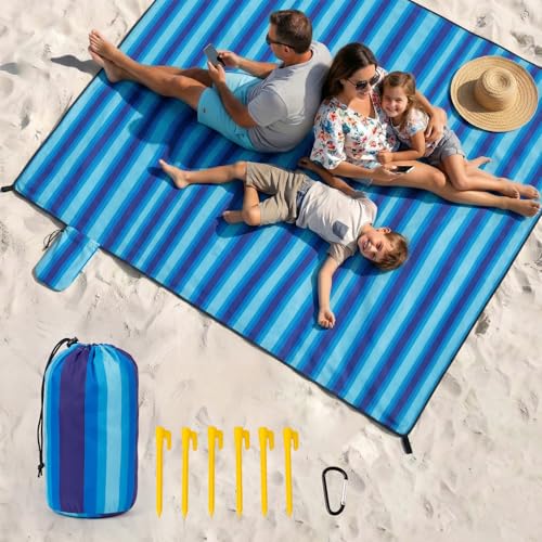 Beach Blanket Sandproof Waterproof, 213 x 213 cm (1-3 People ) Large Beach Mat with Stakes & Travel Bag, Lightweight,Quick-Dry,Portable Picnic Mat Beach Essentials for Outdoors,Cruise,Picnic & Camping