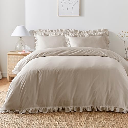 Appletree Natural Frill Duvet Cover Set – Double (200x200cm) – 100% Cotton – 200TC – 2 Pillowcases – Soft Ruffle Bedding – Neutral Frilly Duvet Set – Breathable Natural Cotton Bedding