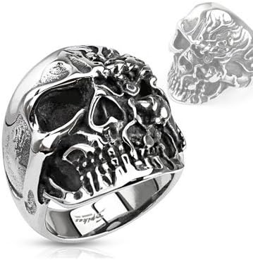 Stainless Steel Two-Faced Grinning Skull Wide Cast Ring, Width 28MM - Crazy2Shop