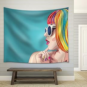 Vector Beautiful Woman Wearing Colorful Wig and White Sunglasses. - Fabric Wall Tapestry Home Decor - 51x60 inches