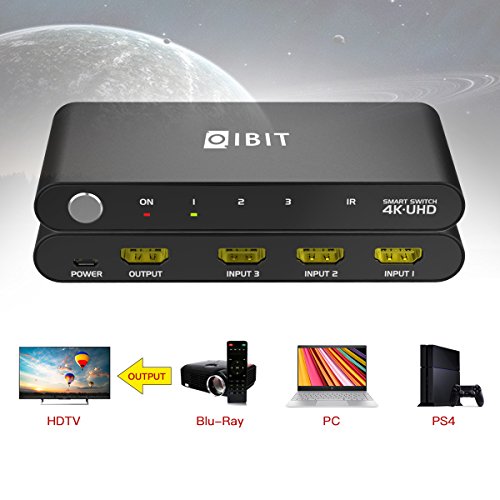 HDMI Switch 2.0, IBIT Smart 3 Port HDMI v2.0 Switcher Support 4K@60Hz UHD HDR Full 3D &HDCP 2.2 with IR Remote Control