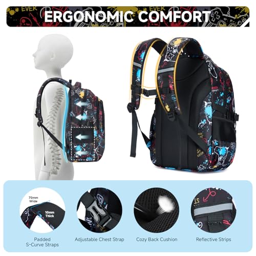 Amythe Children's Backpack, Elementary and Middle School, Large Bright Night Boy Backpack with 15.6 Inch Laptop Compartment, Ergonomic, Water-Repellent, Casual Backpacks Teenagers