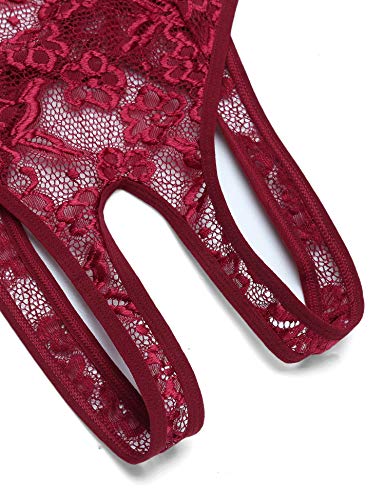 Avidlove Sexy Teddy Lingerie Lace Bodysuit One Piece Babydoll Mesh Bodysuit Dark Red