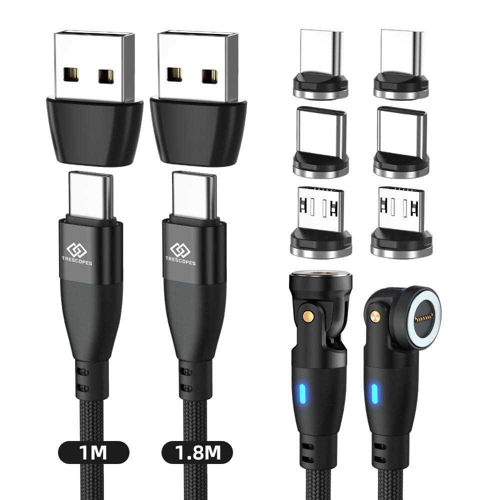 Trescopes 6-in-1 PD100W Magnetic Charging and Data Cable swivel, USB A/C to Type C, I-Products and Micro USB 1 Meter + 2 Meter [2 Pack]
