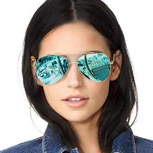 SODQW Aviator Sunglasses Womens Polarized Mirrored Flat Lens Fashion Large Metal Frame - UV 400 Protection (gold/ice blue Lens(mirror))