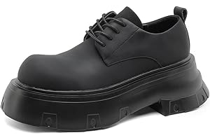 Men's Platform Work Shoes British Style Motorcycle Leather Shoes Height Increasing Round Toe