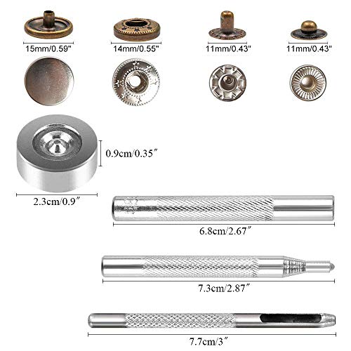 100 Set Di Bottoni In Metallo ，Rivetto in Pelle Doppio Testa con Kit di Attrezzi di Riparazione - Bottoni A Pressione per Cuoio fai da te Decorazione Arte e Artigianato Argento e Bronzo（15mm）