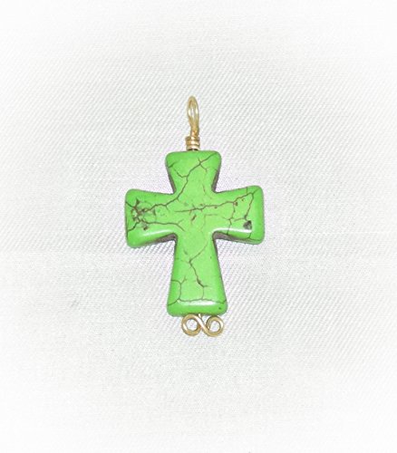 Green Cross Necklace Pendant, Gold-Wrapped Cross Pendant, Lime Green Magnesite Cross, Christian Pendant, Lime Green Cross Pendant