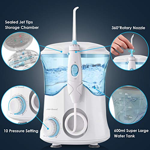Dental Water Flosser Teeth Cleaner - Zerhunt High Frequency Pulsed Water Pick Electric Oral Irrigator with 7 Interchangeable Nozzles For Braces, Implants, Bridges,600ML Large Capacity White