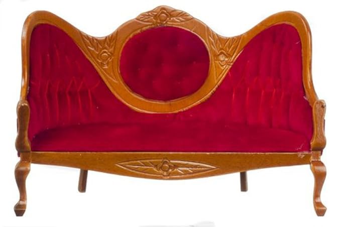 1 Scale Dollhouse Victorian Sofa, Red, Mahogany