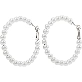 Minimalist Pearl Hoop Dangle Earrings for Women Vintage White Geometric Round Pearl Beaded Huggie Earrings Exaggerated Wedding Party Jewelry Gifts