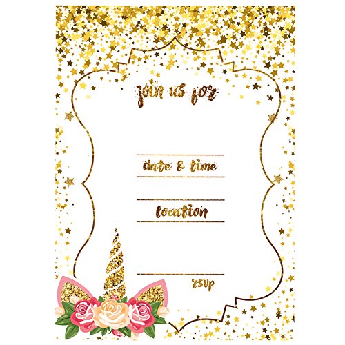 24 Unicorn Invitations Large Set Giltter Unicorn Face with 24 Envelopes Double Sided