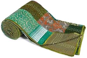 Varprada Mix Green Silk Sari Patchwork Kantha Work Blanket for Sale Boho Vintage Bedspreads Throw Blanket Bohemian Bedding Handmade Quilt 108x108 inch King Size