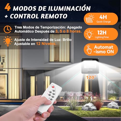 Dopwii Lamparas Solares Exterior 10000mAh, Luces Solares para Exterior Jardin, Panel Solar Bifacial con Absorción de Luz de 360°, Lámpara Solar con 4 Modos de Iluminación y Mando a Distancia(2 Piezas)