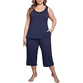 Lastshe Women's Plus Size Pajama Set 2 Piece Sleepwear Soft Cozy Sleeveless Knit Tank Top Capri Pants Lounge PJs with Pockets