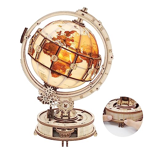 Robotime 3D Wooden Puzzle for Adults – Lighted Rotating Globe Model Kit with LED Light, Mechanical Wooden Building Set, DIY Craft Gift for Men & Puzzle Lovers