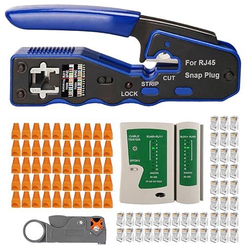 MAYLINE - Alicates de crimpado de cables RJ45 - Probador de red de cables RJ11 Cat5 Cat6 con 50 piezas - Juego de herramientas de conectores de cristal, pelacables de detector de datos (rojo)
