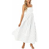 chouyatou Women's Striped Back Smocked Maxi Dress Sexy Spaghetti Strap Cut Out Flowy Swing Long Dress
