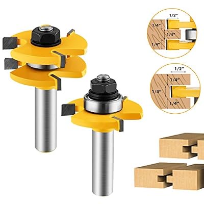 Tongue and Groove Set, 2Pcs Router Bit Set Wood Door Flooring 3 Teeth Adjustable T Shape Wood Milling Cutter Woodworking Tool 1/2 Inch Shank,For Router Table/Base Router, Kitchen/Bathroom/Cabinets