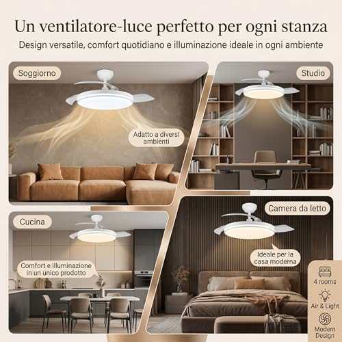 MARSI Ceiling Fan with LED Light 106 cm, Invisible Retractable Blades, Silent Fan with RF Remote Control, Reversible DC Motor, 6 Speed, Dimmable LED, for Bedroom and Living Room