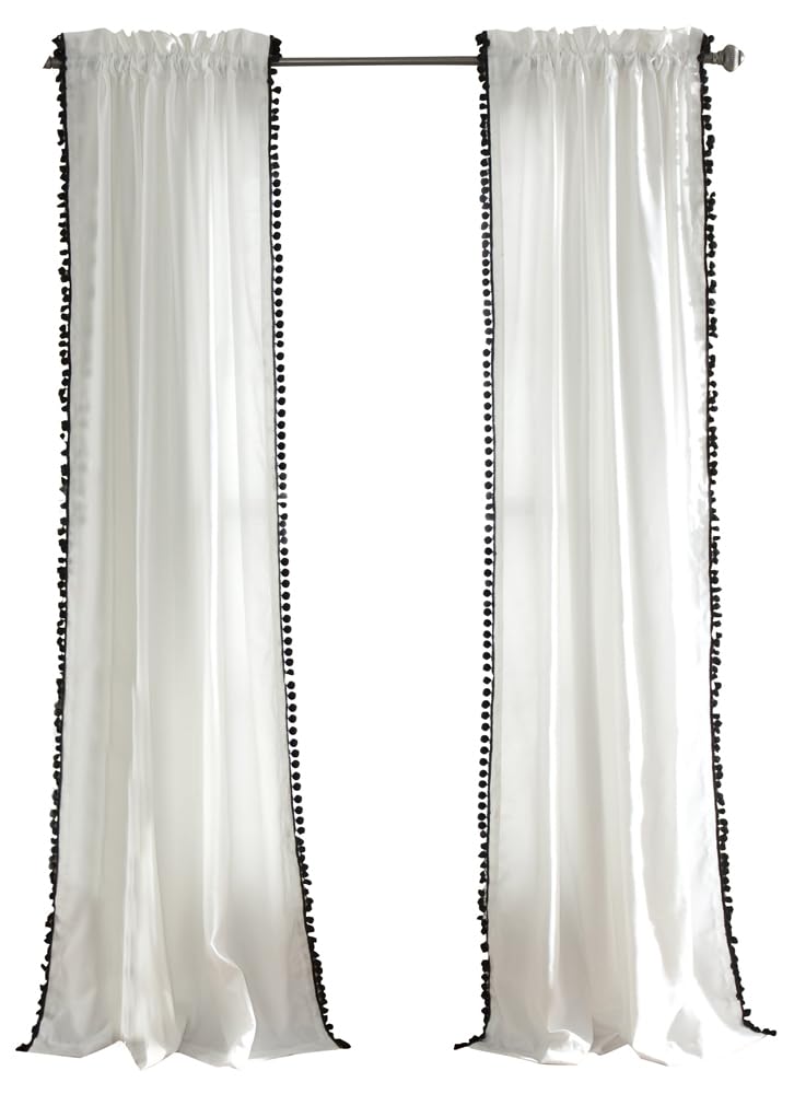 Lush Decor Pom Curtain | Textured, Solid Color Vintage Chic Style Window Panel for Living, Dining Room, Bedroom (Single), Black, 50" W x 84" L