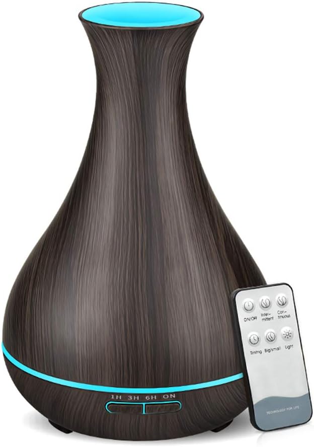 KBAYBO 550ml Aroma Diffuser Essential Oil Diffuser with Remote Control Ultrasonic Air Humidifier with Wood Grain 7-Color LED Night Light for Office Home Spa Yoga BPA Free