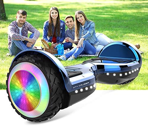 Hoverboard with LED lights, Bluetooth connectivity, and battery indicator, priced at $102.21.