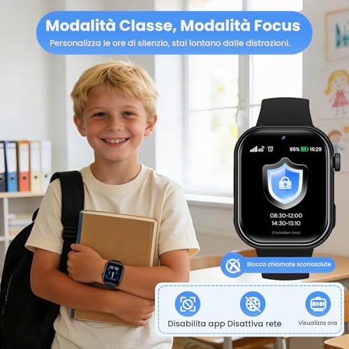 4G Smartwatch Bambini, Orologio Smartwatch Bambini con GPS, Doppia Fotocamera, Chiamate, Videochiamata, SOS, Modalità Scuola, Torcia, IP68, Contapassi per Ragazzi e Ragazze, Nero, Garanzia 3 Anni