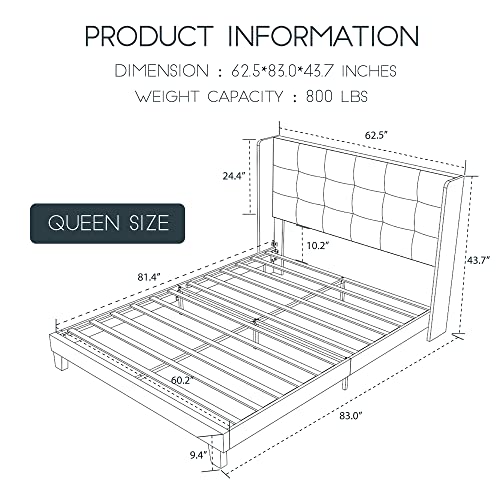 Einfach Queen Upholstered Wingback Platform Bed Frame with Headboard