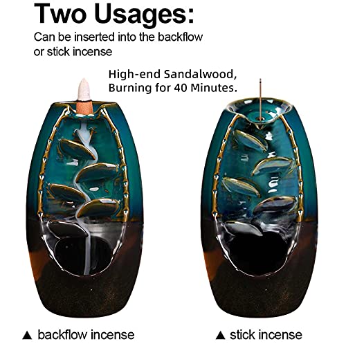 Walking Hero Family Ceramic Backflow Incense Holder Waterfall Incense Burner, with 30 Sandalwood Backflow Incense Cones + 140 Incense Stick, Burn for 40 Minutes,Aromatherapy Ornament Home Decor（Blue）