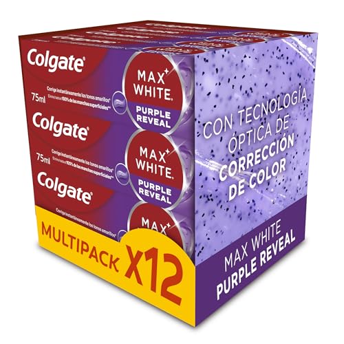 Max White Purple Reveal Pasta de Dientes Blanqueadora, Pack 12 x 75ml, Dentífrico Blanqueador de Dientes con Tecnología de Corrección Óptica del Color, Corrige al instante los Tonos Amarillos