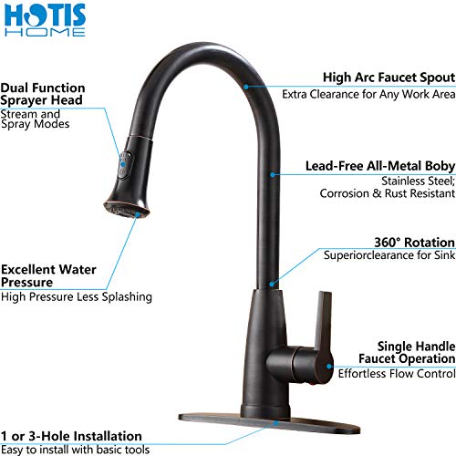 Hotis Commercial Pull Down Prep Sprayer Single Lever Single Handle Pull Down Kitchen Sink Faucet, Lead-Free Oil Rubbed Bronze Kitchen Faucets with Deck Plate