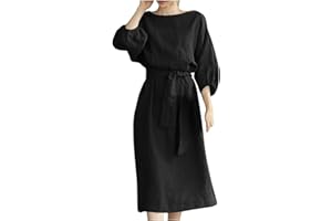 SHOPESSA Linen Dresses for Women 2024 Casual Solid Color Work Dress Long Sleeve Tie Waist Knee Length Dress Boho Dress