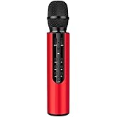 PANDAAR Bluetooth Wireless Karaoke Microphone, 4-in-1 Portable Handheld Mic with Built-in Sound Card for Home Parties,Travel,Music Recording,Car Singing (Red)