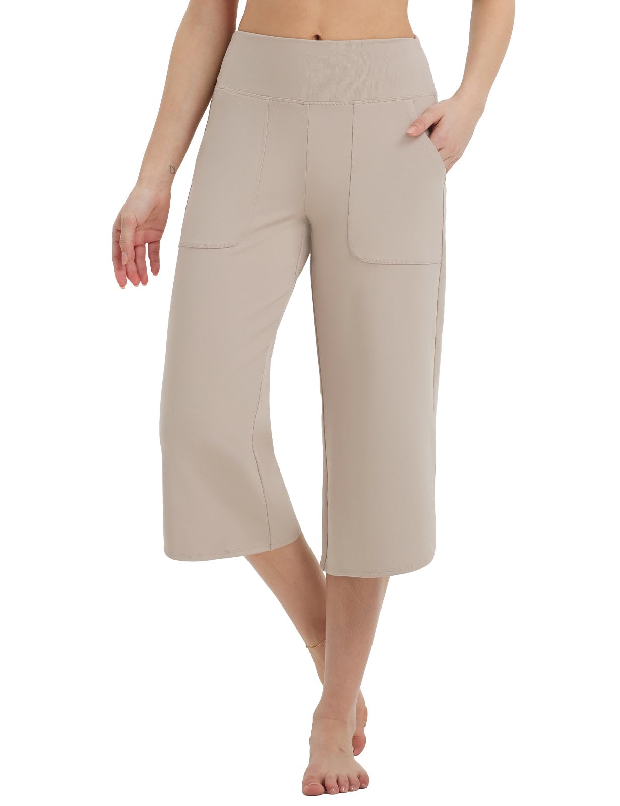 Photo 1 of baleaf Capris Pants for Women Yoga Capri Leggings with Pockets Loose High Waist Crop Workout Pants Wide Leg Casual Summer Khaki