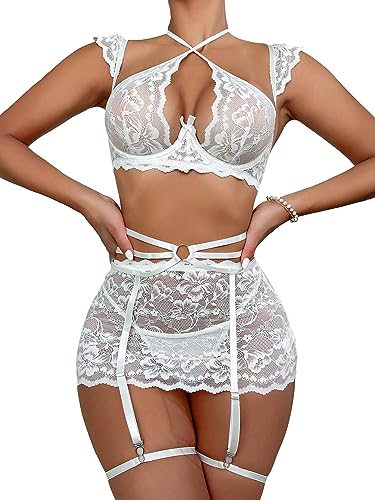 WDIRARA Women's 5 Pieces Floral Lace Cut Out Criss Cross Halter Underwire Garter Lingerie Set with Leg Rings White S