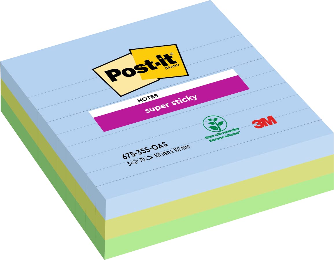 Post-it Super Sticky Notes, Pack of 3 Pads - Holds Strong to Many Surfaces - Blue - for Walls, Monitors and Fridge, Recycable