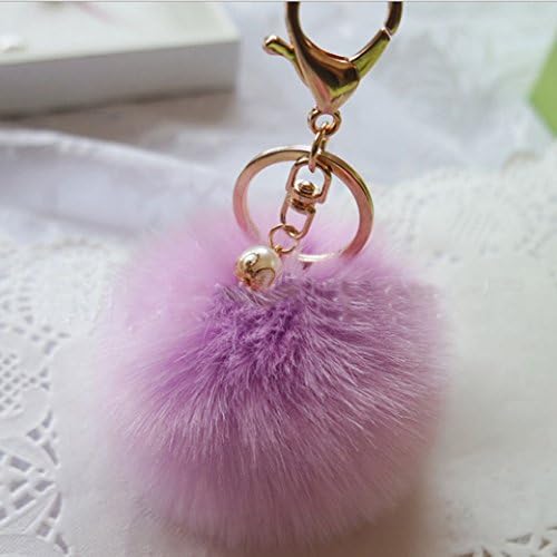 18 K Gold Plated Keychain with Plush Cute Rabbit Fur Ball Keychain for Car Key Ring Handbag Tote Bag 8CM 3.1IN (Light Purple)